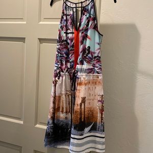 Clover Canyon Sleeveless Patterned V Neck Dress cinched at waist